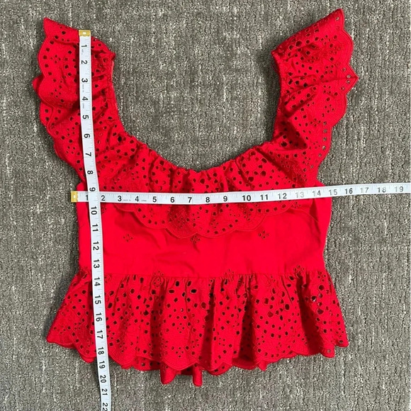 NWT Zara Openwork Embroidered Top Red Eyelet Ruffle Small - Picture 8 of 8